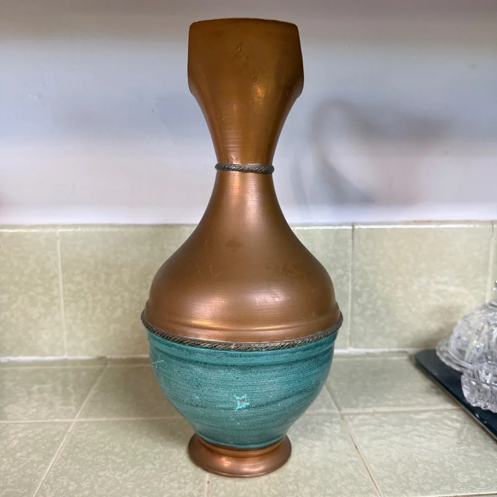 Vintage Copper Pitcher Ewer Verdigris‎ Teal Patina Decorative Vase 11.5 Inch
